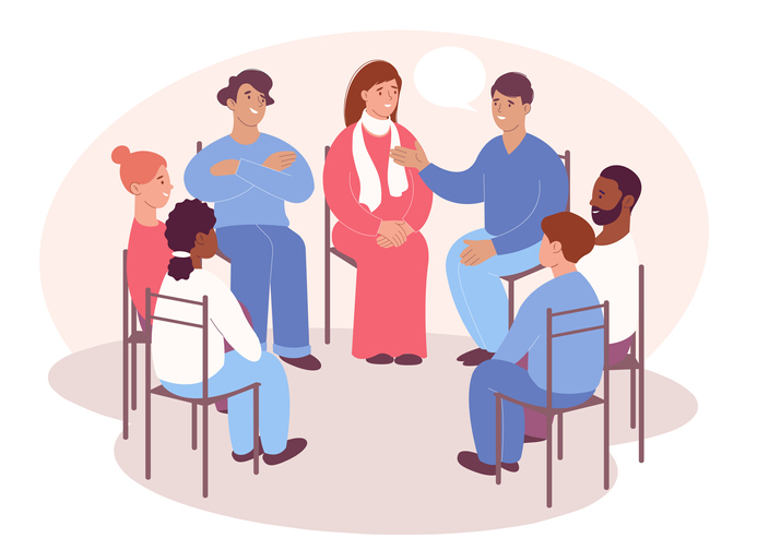 People are sitting in a circle on chairs. Concept of group therapy, Addiction treatment, group psychotherapy session.